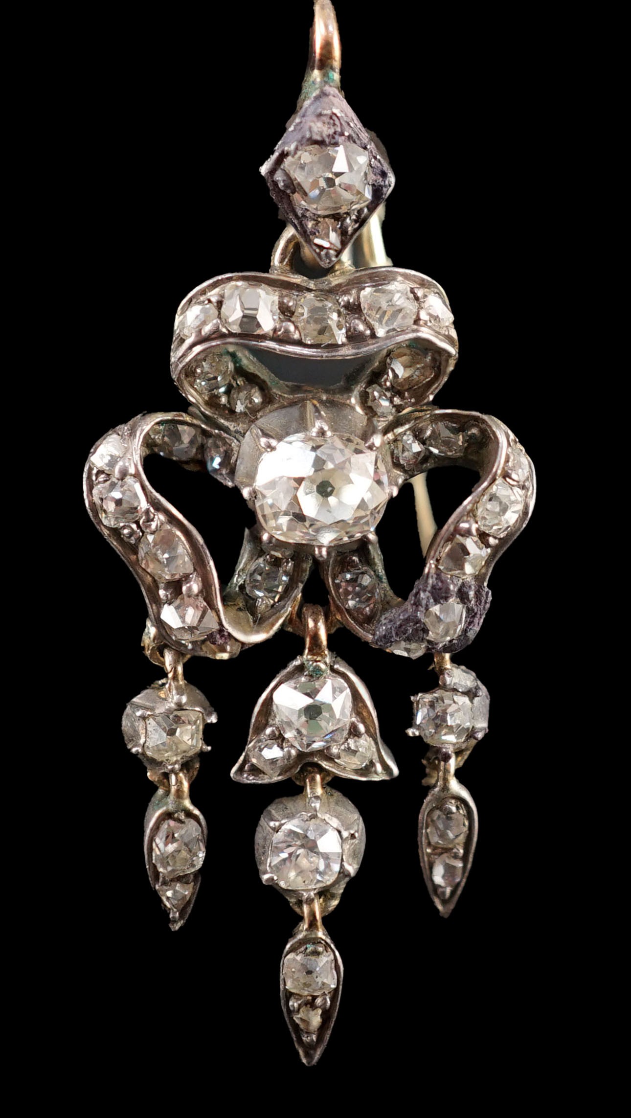 A pair of 19th century gold, silver and old cut diamond set drop earrings